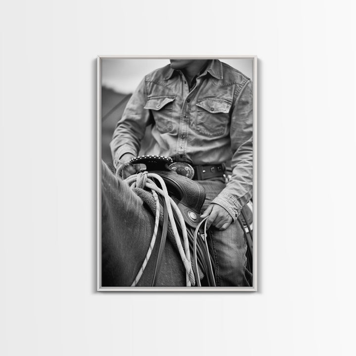 Close-up of cowboy hands holding reins, detailed Western art, black and white photography, Framed Canvas Print, rustic home decor, wall art