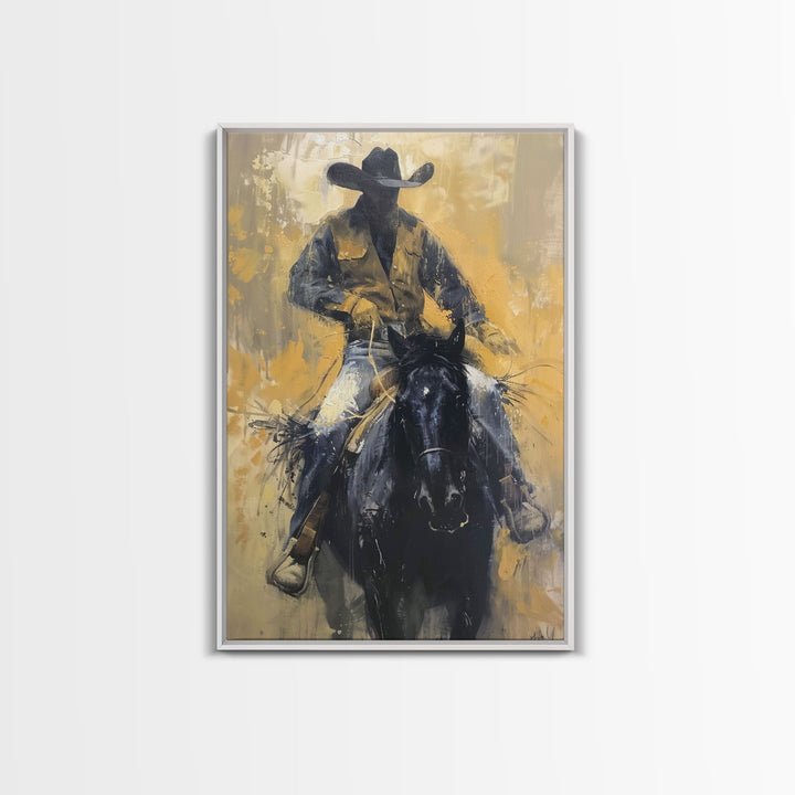 Cowboy in Full Gear Riding Horse - Framed Canvas Print, Western Wall Art, Rustic Decor, Living Room and Bedroom Art Print