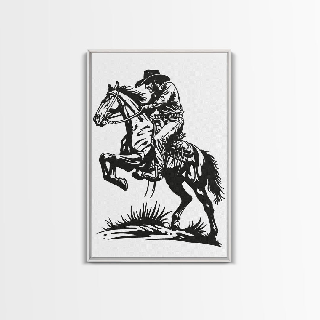 Cowboy Riding Horse with Reins - Framed Canvas Print, Western Wall Art, Rustic Decor, Living Room and Bedroom Art Print