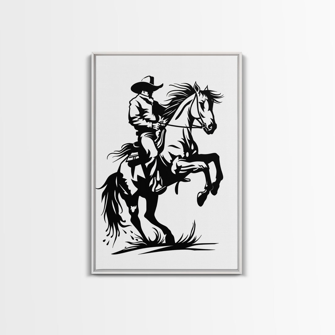 Dynamic Cowboy on Rearing Horse - Framed Canvas Print, Western Wall Art, Rustic Decor, Living Room and Bedroom Art Print