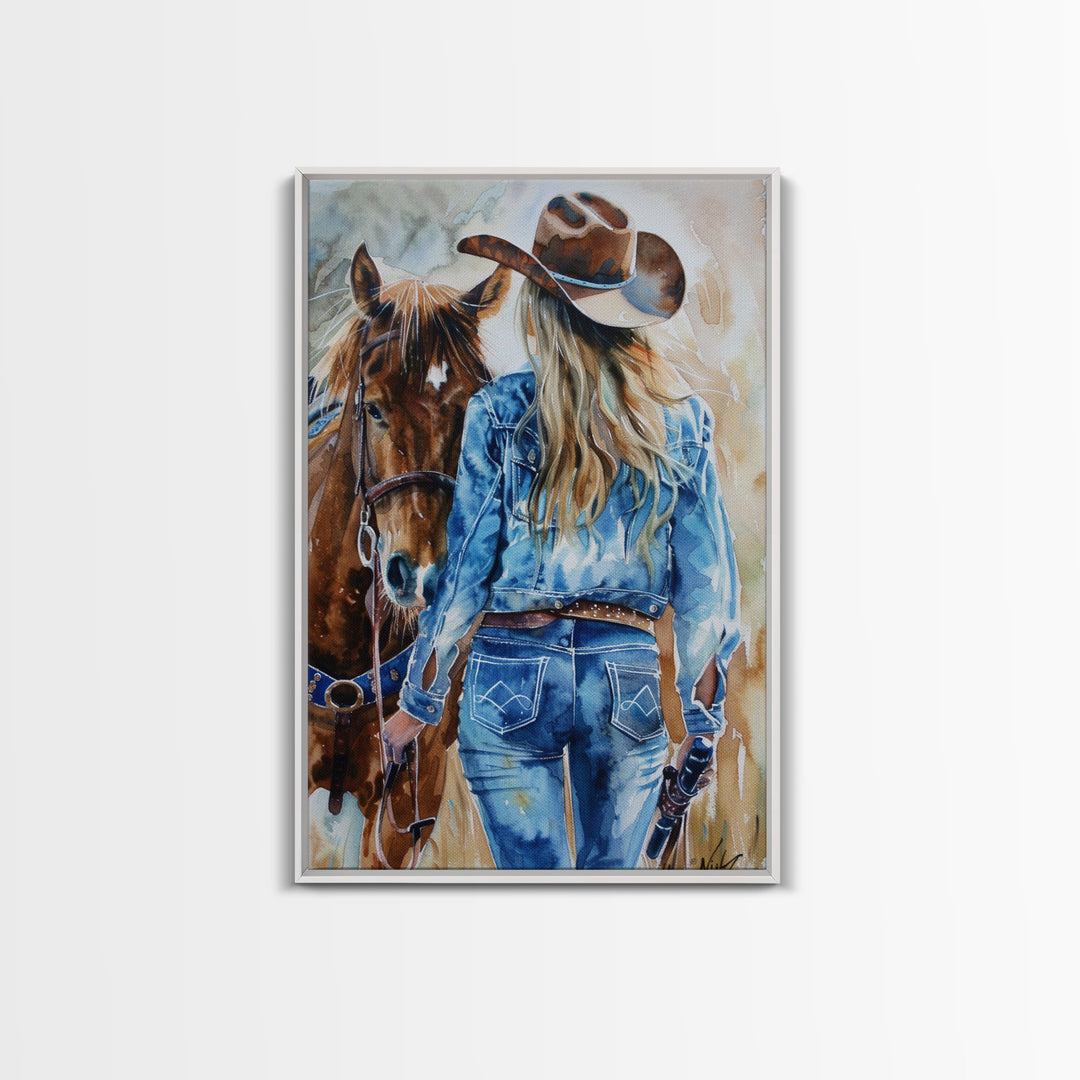 Intense Cowboy and Horse Silhouette - Framed Canvas Print, Western Wall Art, Rustic Decor, Living Room and Bedroom Art Print