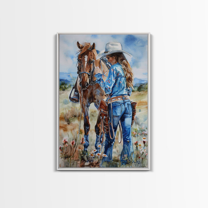 Cowboy on Rearing Horse Silhouette - Framed Canvas Print, Western Wall Art, Rustic Decor, Living Room and Bedroom Art Print