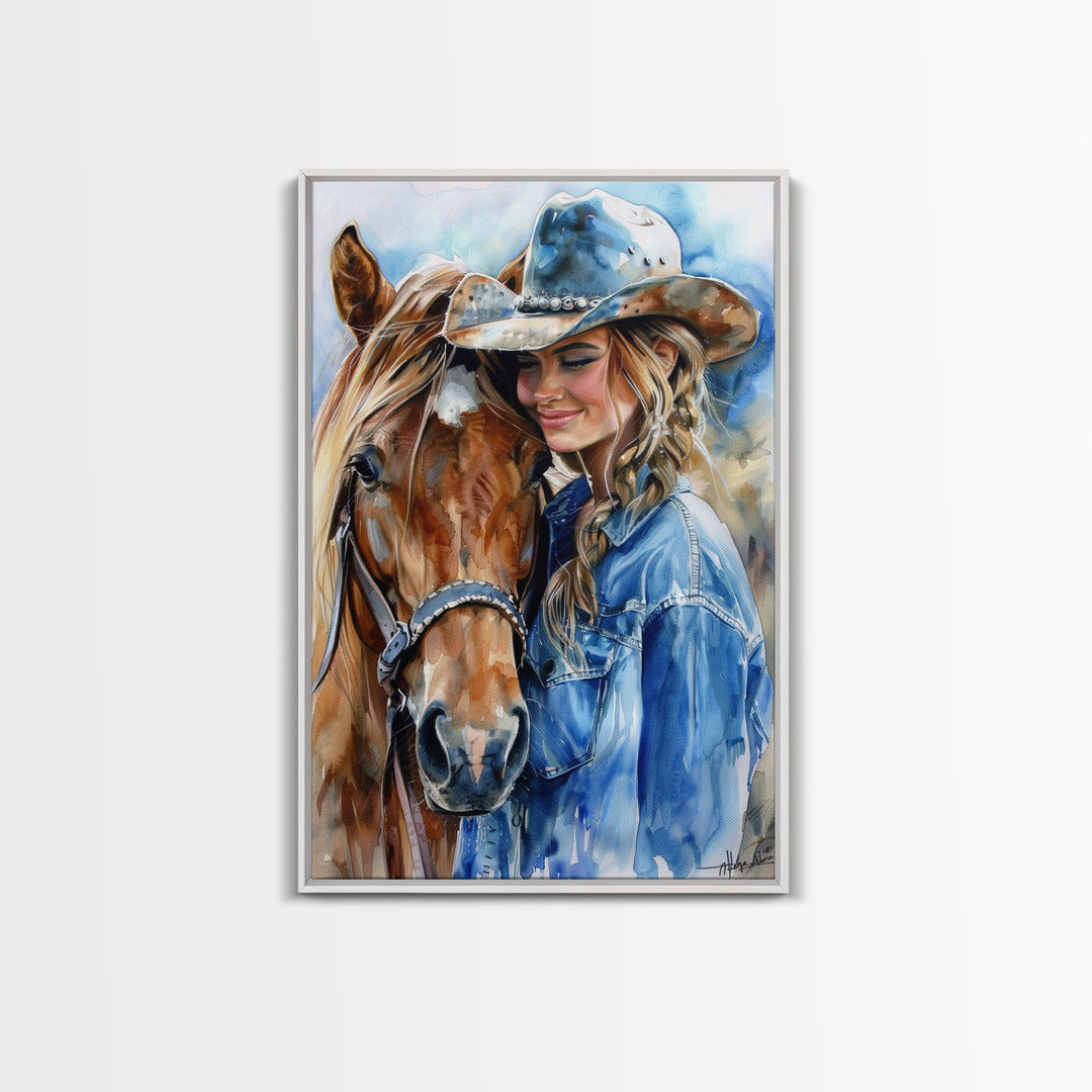 Cowgirl with Horse in Denim Outfit - Framed Canvas Print, Western Wall Art, Rustic Decor, Living Room and Bedroom Art Print