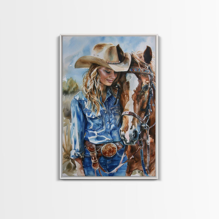 Cowgirl Preparing Horse for Ride - Framed Canvas Print, Western Wall Art, Rustic Decor, Living Room and Bedroom Art Print