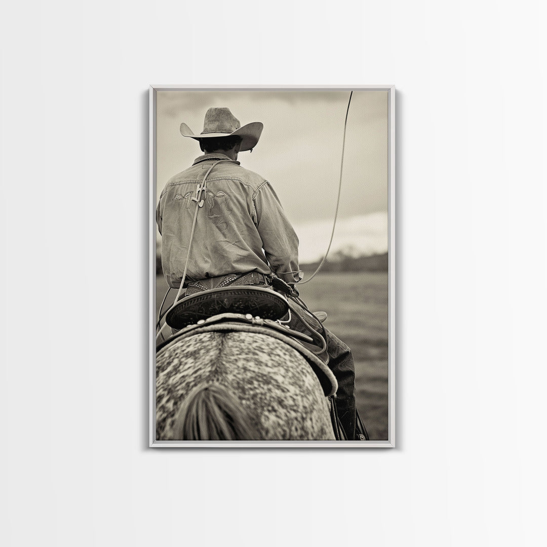 Cowboy on horseback with lasso, vintage black and white Western art, Framed Canvas Print, home decor, rustic wall art for living room