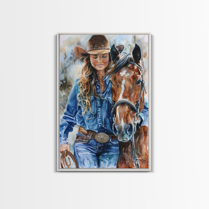 Cowgirl Embracing Horse with Hat - Framed Canvas Print, Western Wall Art, Rustic Decor, Living Room and Bedroom Art Print