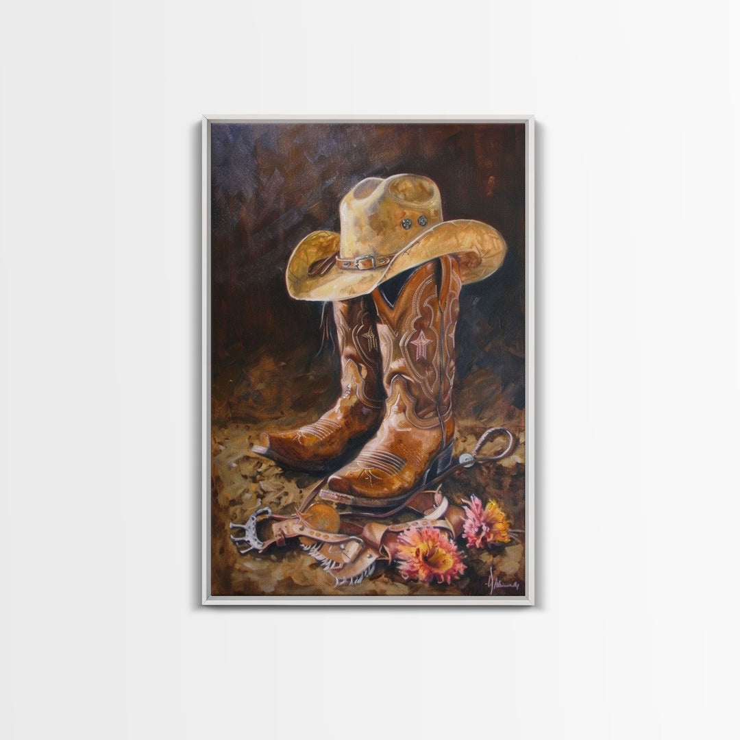 Classic Cowboy Hat and Boots Art - Framed Canvas Print, Rustic Bedroom Decor, Cowboy Themed Wall Art for Home, Western Artwork