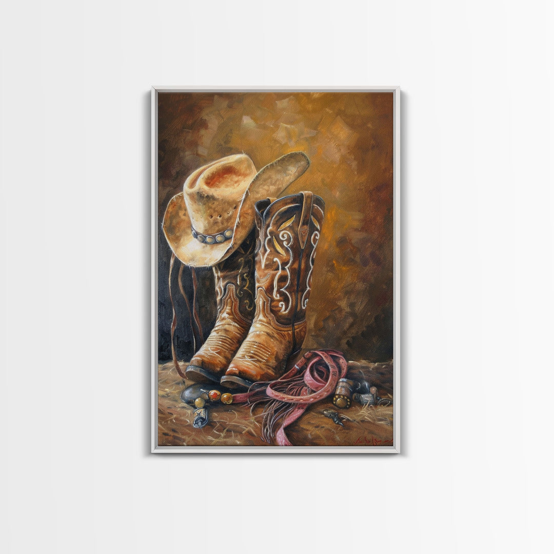 Traditional Cowboy Boots and Hat Art - Framed Canvas Print, Rustic Living Room Decor, Western Wall Art, Cowboy Home Decor