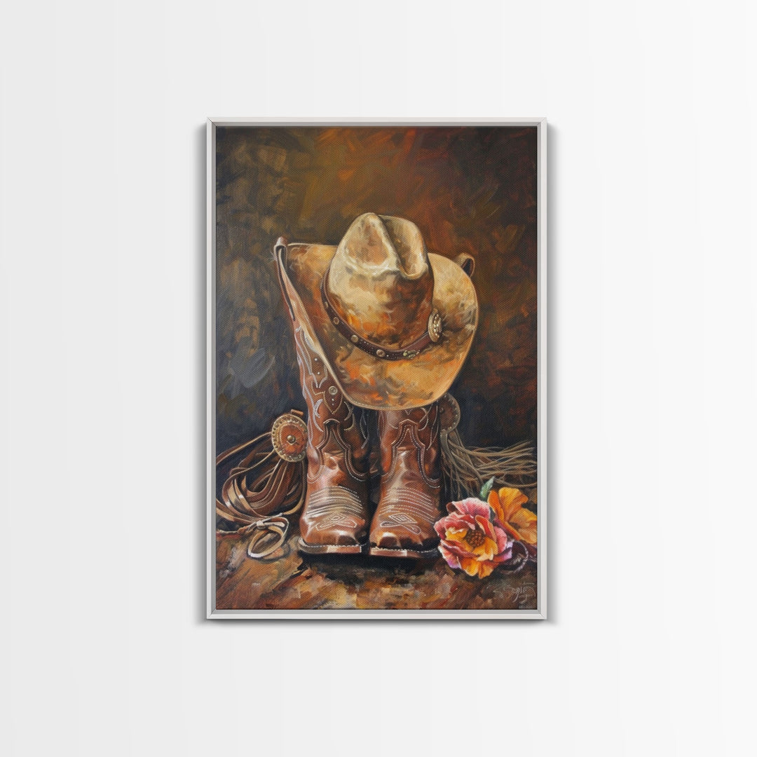 Cowboy Boots and Hat with Flowers Art - Framed Canvas Print, Rustic Wall Decor, Western Bedroom Art, Cowboy Home Decoration