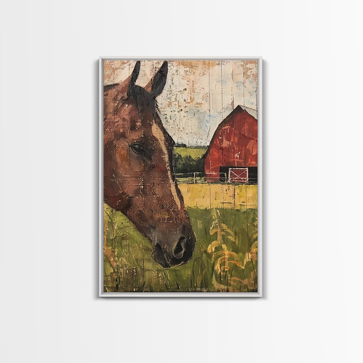 Horse and Barn Rustic Farm Art - Framed Canvas Print, Farmhouse Living Room Decor, Horse Wall Art, Rustic Home Decoration