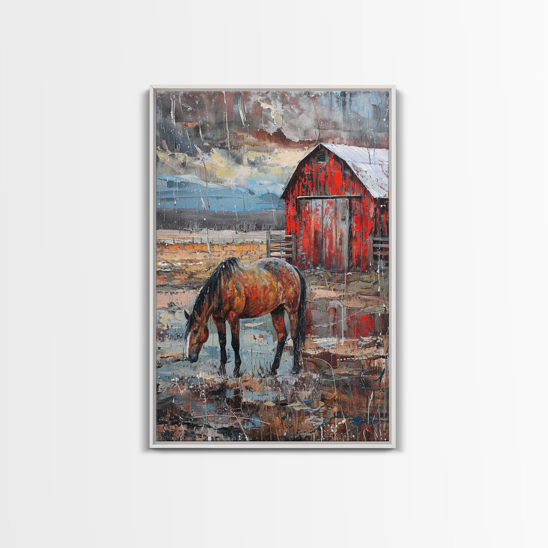 Red Barn and Horse Art Print - Framed Canvas Print, Rustic Living Room Decor, Farmhouse Wall Art, Horse and Barn Home Decoration