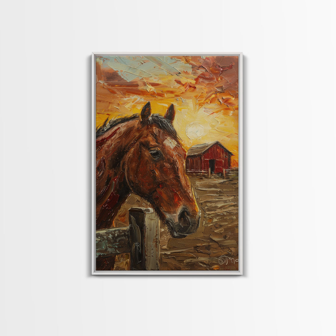 Horse with Red Barn Sunset Art - Framed Canvas Print, Rustic Bedroom Decor, Farmhouse Wall Art, Horse and Barn Home Decoration