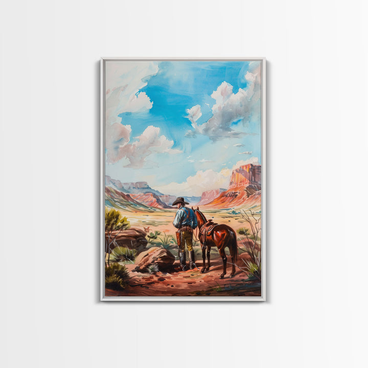 Cowboy and Horse Desert Scene Art - Framed Canvas Print, Western Living Room Decor, Cowboy Wall Art, Desert Home Decoration