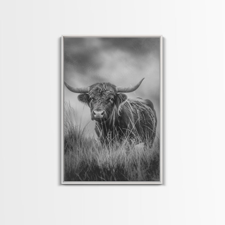 longhorn cow in field, black and white Western decor, rustic home art, Framed Canvas Print, vintage wall art for living room or bedroom