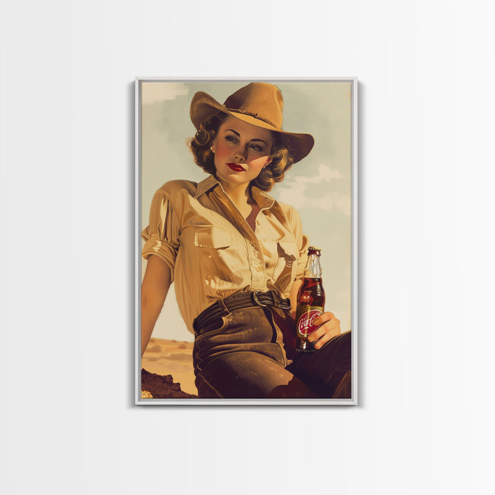 Cowgirl with Beverage Classic Art - Framed Canvas Print, Rustic Bedroom Decor, Cowgirl Wall Art, Vintage Home Decoration