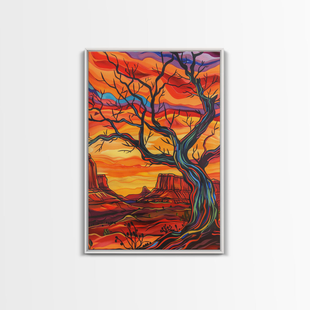 Framed Canvas Print, Vibrant Desert Landscape with Tree Wall Art, Colorful Southwest Decor for Living Room or Bedroom, Nature Wall Art Piece