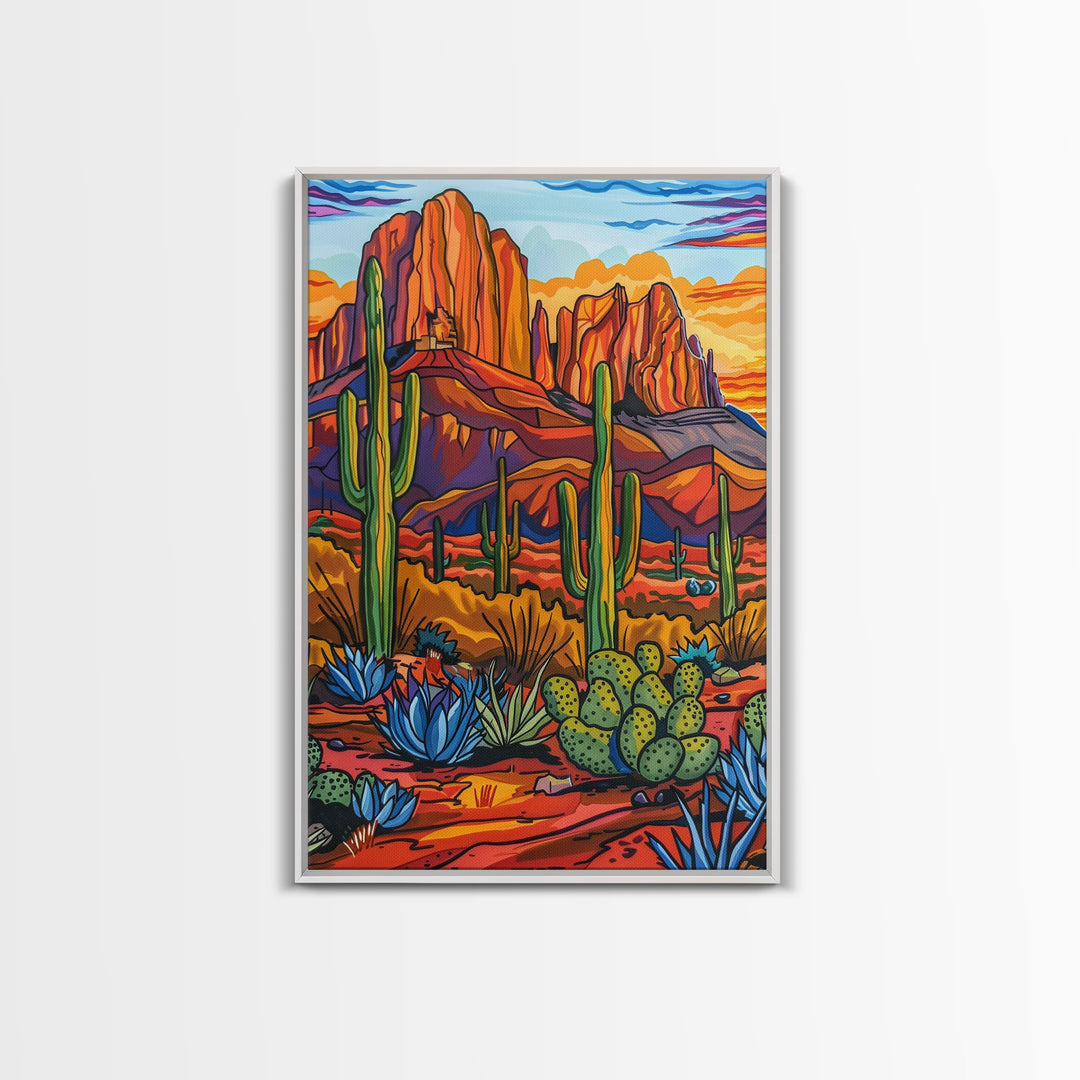 Framed Canvas Print, Cactus and Mountain Sunset Wall Art, Colorful Desert Landscape for Living Room or Bedroom Decor, Southwest Art Poster