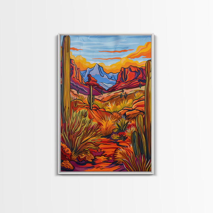 Framed Canvas Print, Desert Landscape with Cacti Wall Art, Colorful Southwest Decor for Living Room or Bedroom, Nature Art Poster Piece