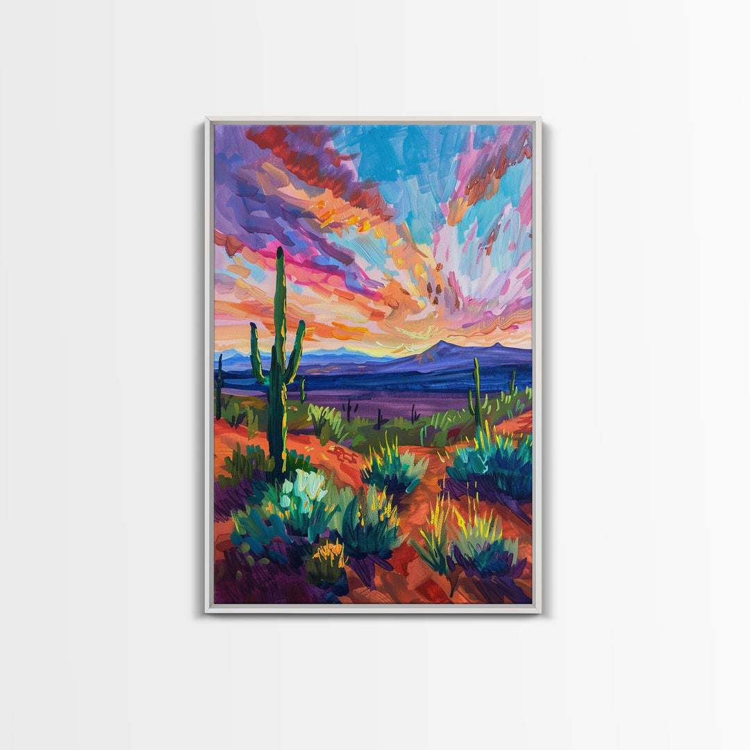 Framed Canvas Print, Cacti and Mountains at Sunset Wall Art, Vibrant Southwest Decor for Living Room or Bedroom, Nature Art Decoration Piece