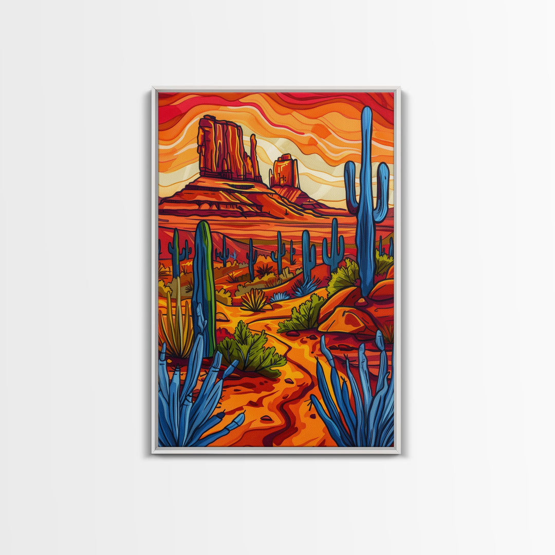 Framed Canvas Print, Vibrant Desert Scene with Cacti and Mesas, Perfect Southwest Wall Art for Living Room or Bedroom Decor