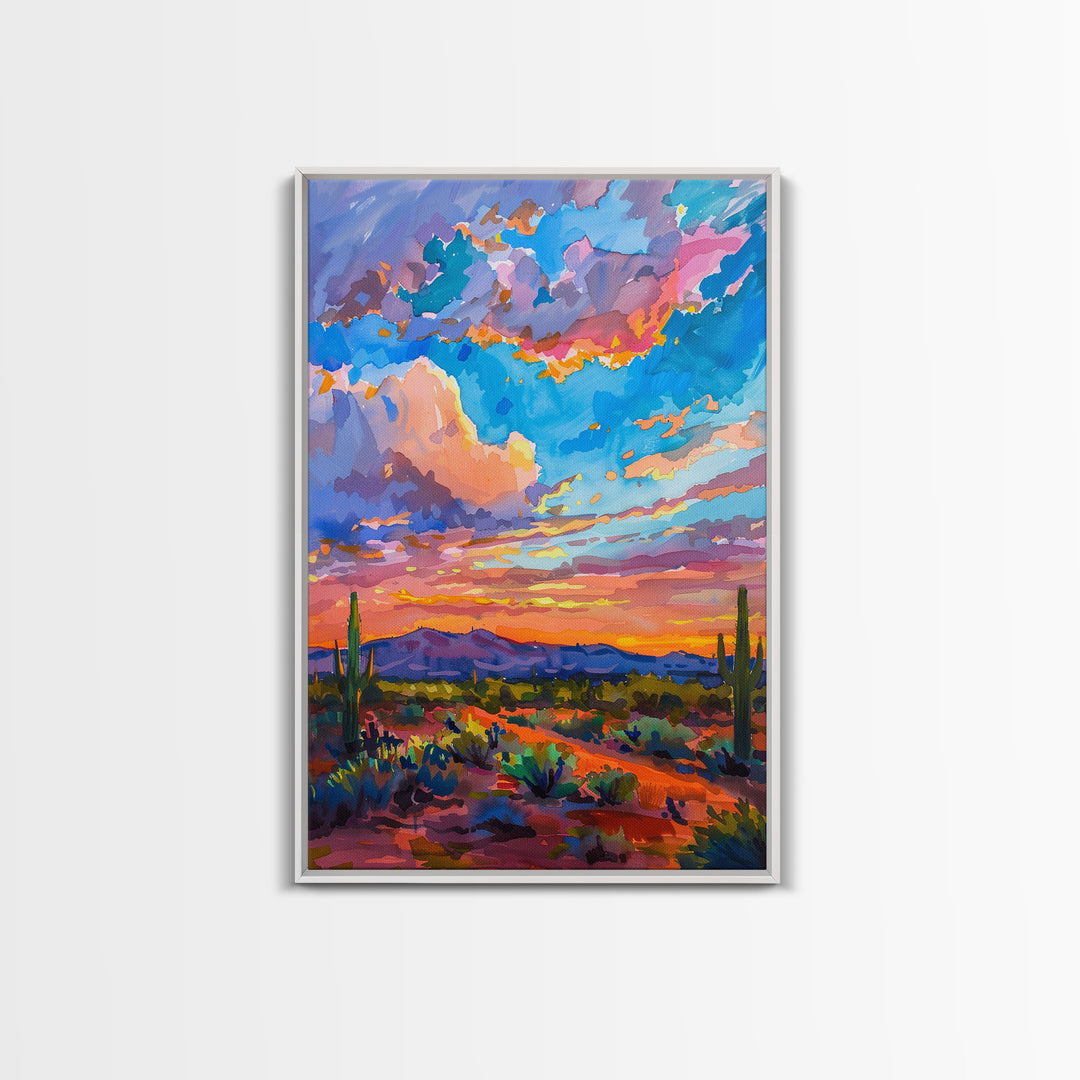 Framed Canvas Print, Colorful Desert Sunset with Cacti, Stunning Wall Art for Living Room or Bedroom Decoration