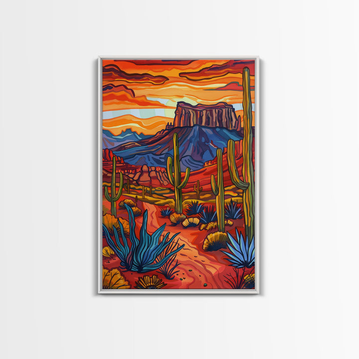 Framed Canvas Print, Bold Desert Landscape with Saguaro Cacti and Mountains, Unique Wall Art for Living Room or Bedroom