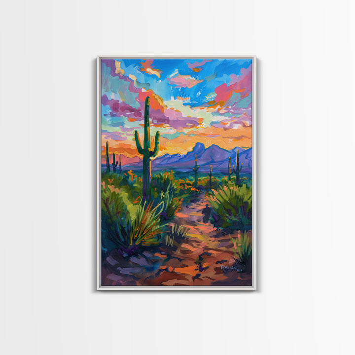 Framed Canvas Print, Sunset Over Desert with Cacti, Stunning Wall Art for Living Room or Bedroom Decor