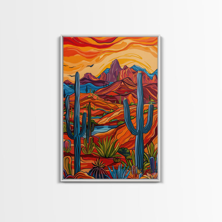 Framed Canvas Print, Bright Desert Landscape with Cacti and Mountains, Perfect Wall Art for Living Room or Bedroom