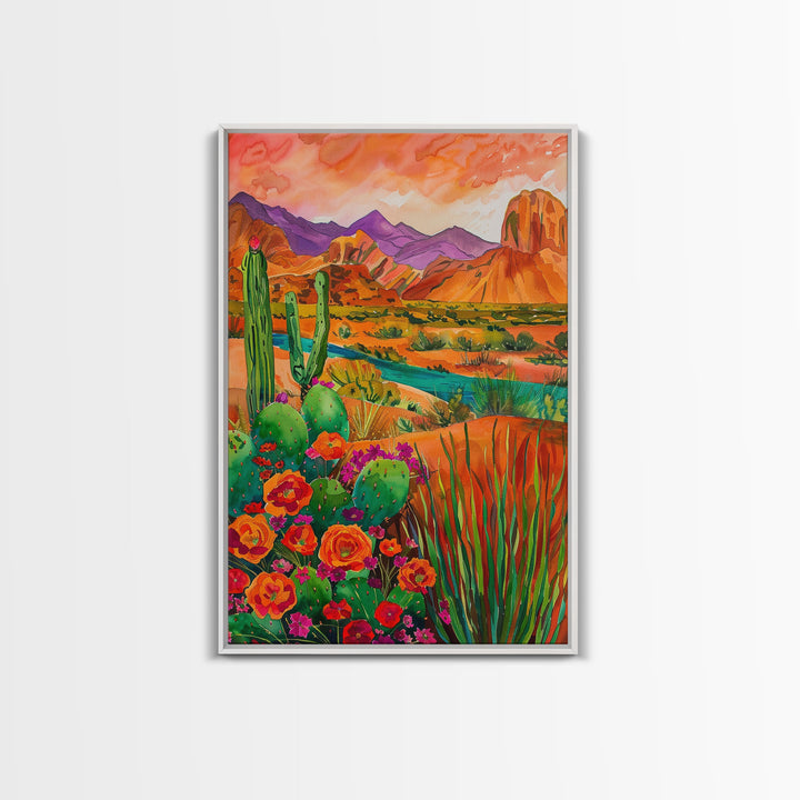 Framed Canvas Print, Colorful Desert Landscape with Blooming Cacti, Beautiful Wall Art for Living Room or Bedroom Decor