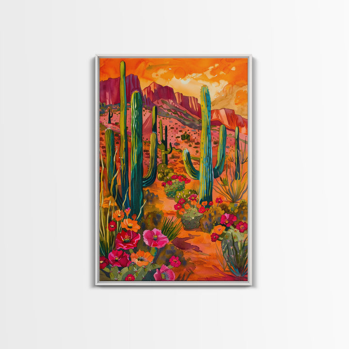 Framed Canvas Print, Vibrant Desert Scene with Saguaro Cacti and Flowers, Unique Wall Art for Living Room or Bedroom