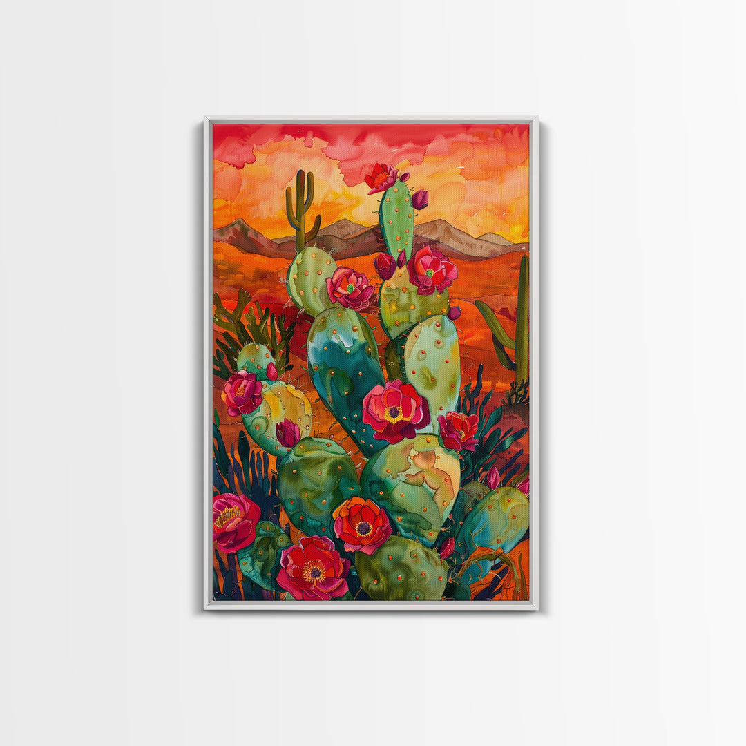 Framed Canvas Print, Blooming Cacti in Desert Sunset, Stunning Wall Art for Living Room or Bedroom Decor