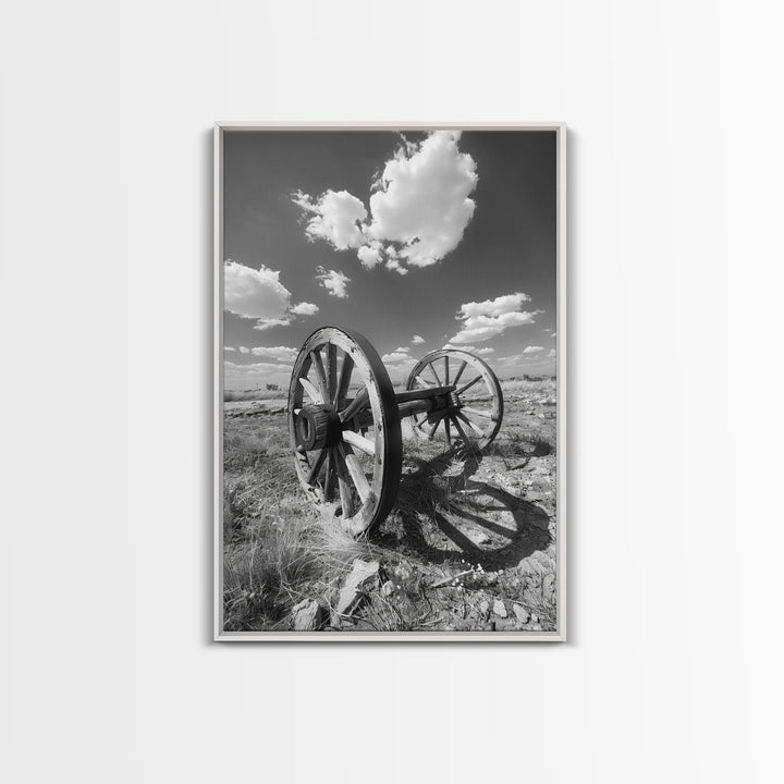 Abandoned wagon wheel on prairie, black and white Western art, Framed Canvas Print, rustic home decor, vintage wall art living room bedroom