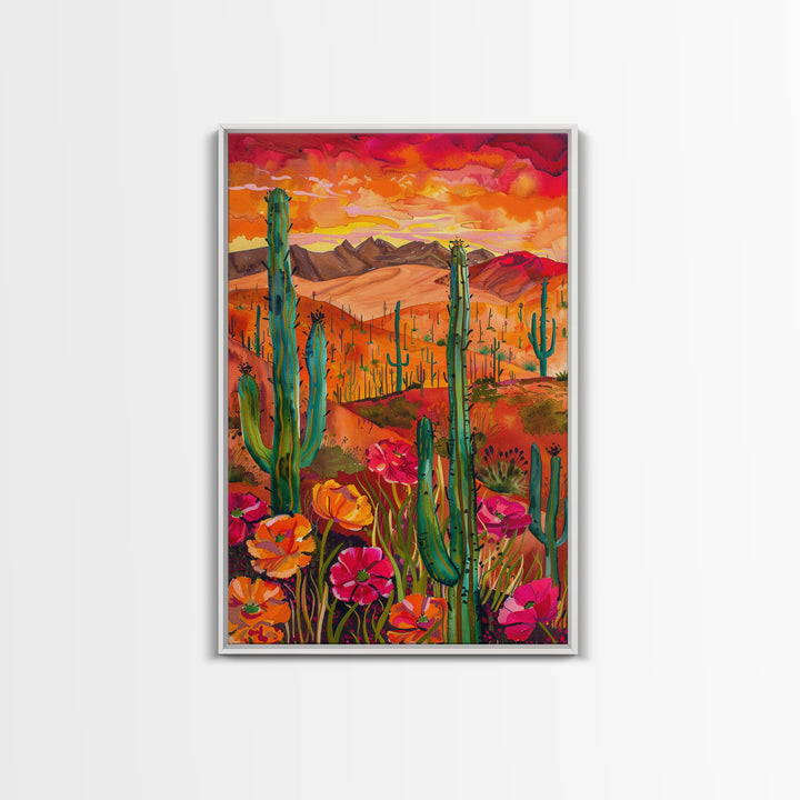 Framed Canvas Print, Vibrant Desert Landscape with Flowers and Cacti, Perfect Wall Art for Living Room or Bedroom Decor