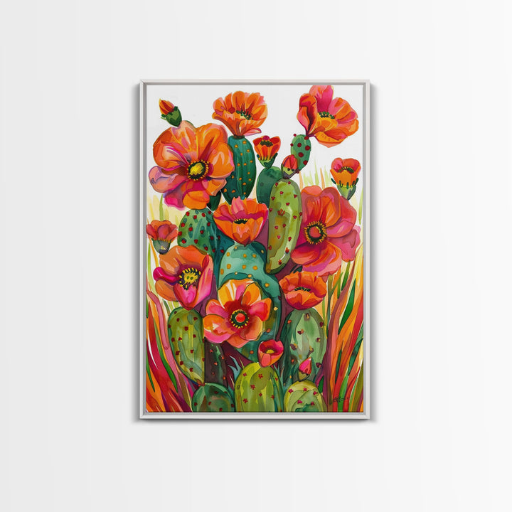 Vibrant Desert Cactus and Flowers, Living Room or Bedroom Wall Art, Framed Canvas Print for Home Decor, Botanical Artwork