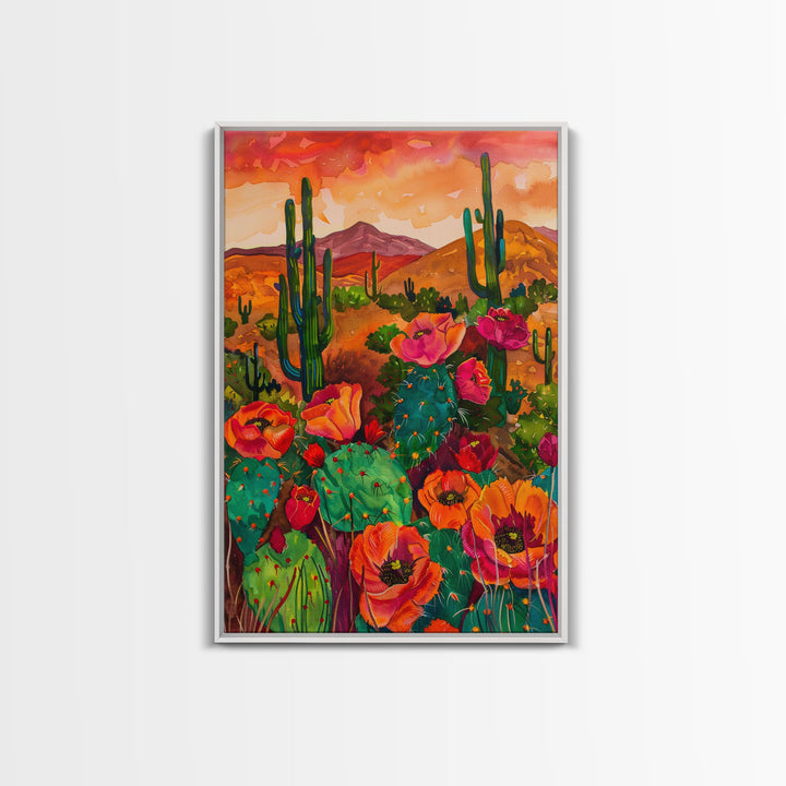 Southwest Desert Landscape with Cacti and Flowers, Colorful Wall Art for Living Room or Bedroom, Framed Canvas Print