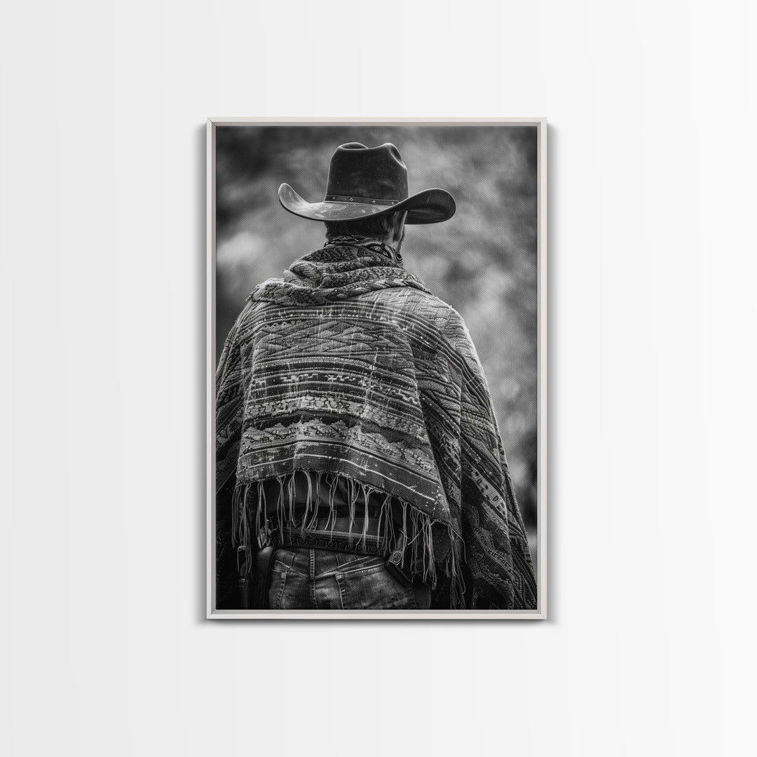 Cowboy in poncho and hat, black and white Western decor, Framed Canvas Print, rustic home art, vintage wall art for living room or bedroom