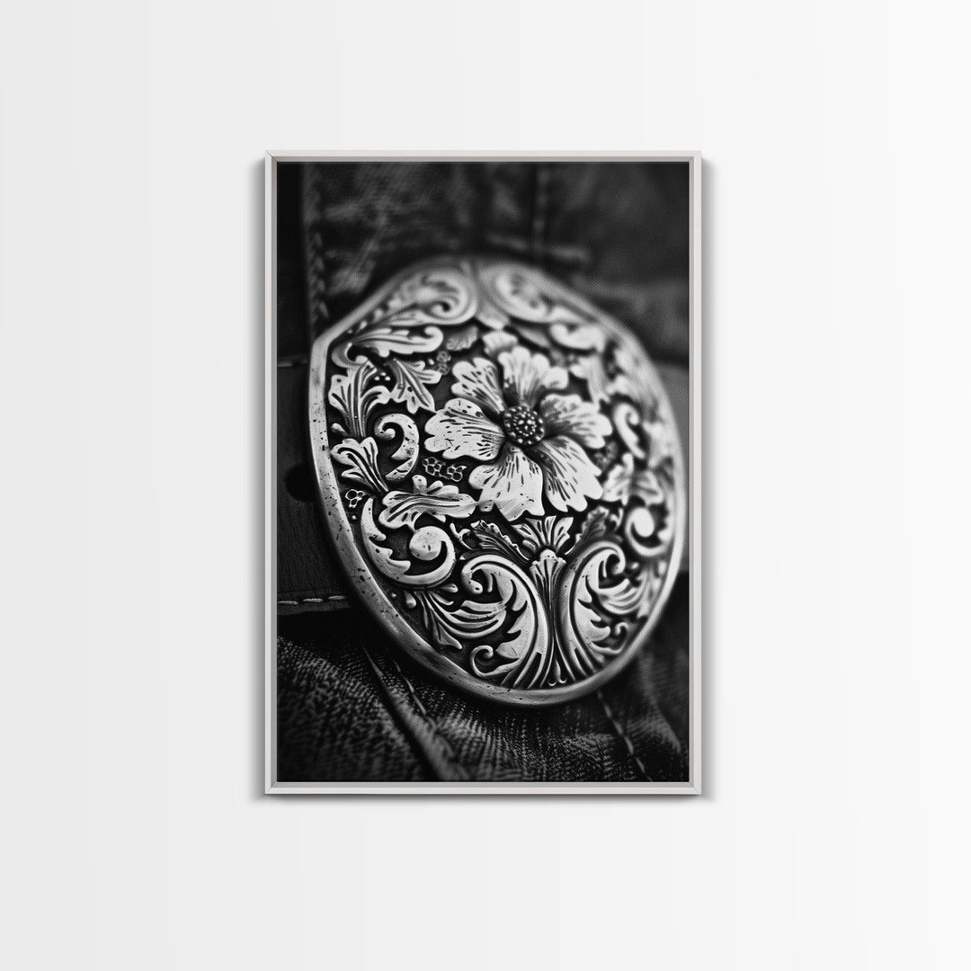 Close-up of Western belt buckle, detailed black and white photography, Framed Canvas Print, rustic home decor, vintage wall art living room