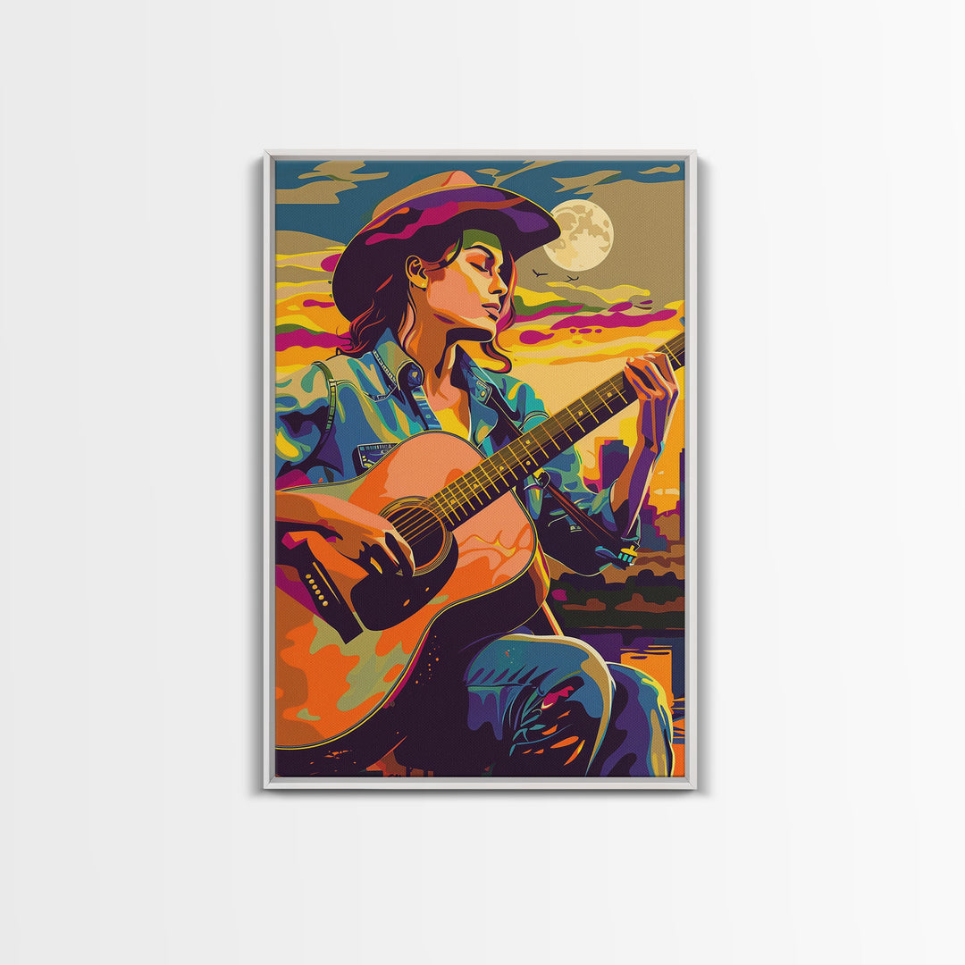 Country Cowboy playing guitar under a colorful sunset, pop art style Framed Canvas Print - music decor, country music art, vibrant wall art