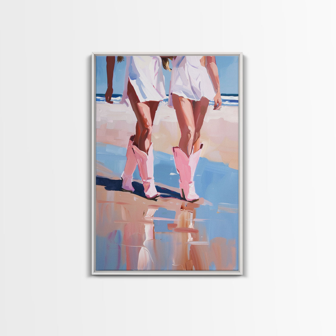 Cowgirls walking on the beach wearing pink cowboy boots, artistic reflection Framed Canvas Print - beach fashion, summer decor, vibrant art