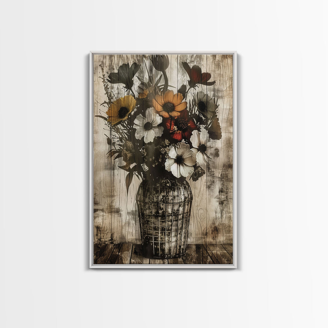 Rustic vase with colorful flowers against a distressed wooden background Framed Canvas Print - floral art, farmhouse decor, rustic wall art