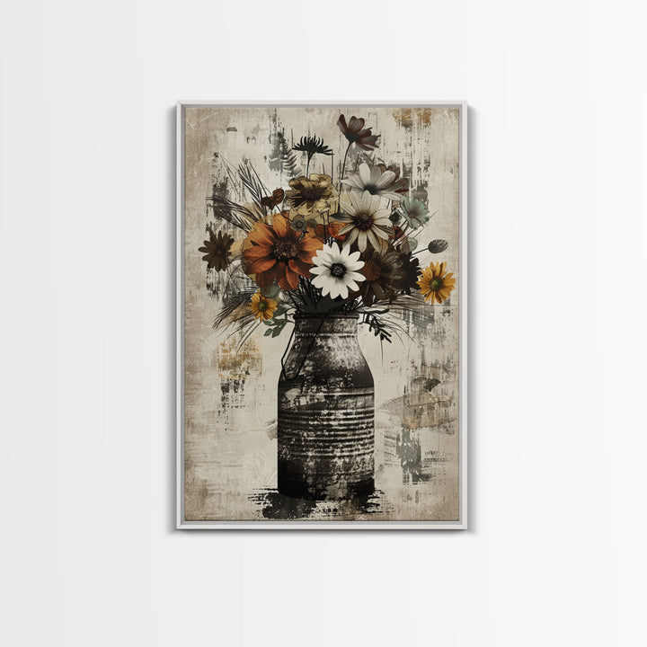 Rustic metal vase filled with autumn flowers on rustic background Framed Canvas Print farmhouse floral rustic decor, vintage flower print