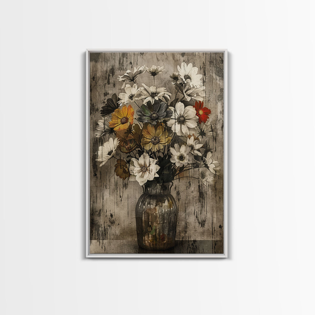 Rustic metal vase with wildflowers on a distressed background Framed Canvas Print - vintage floral art, farmhouse decor, rustic wall art