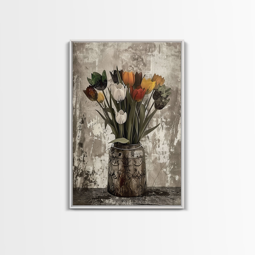 Rustic vase filled with tulips against a distressed background Framed Canvas Print - floral decor, farmhouse wall art, rustic flower print