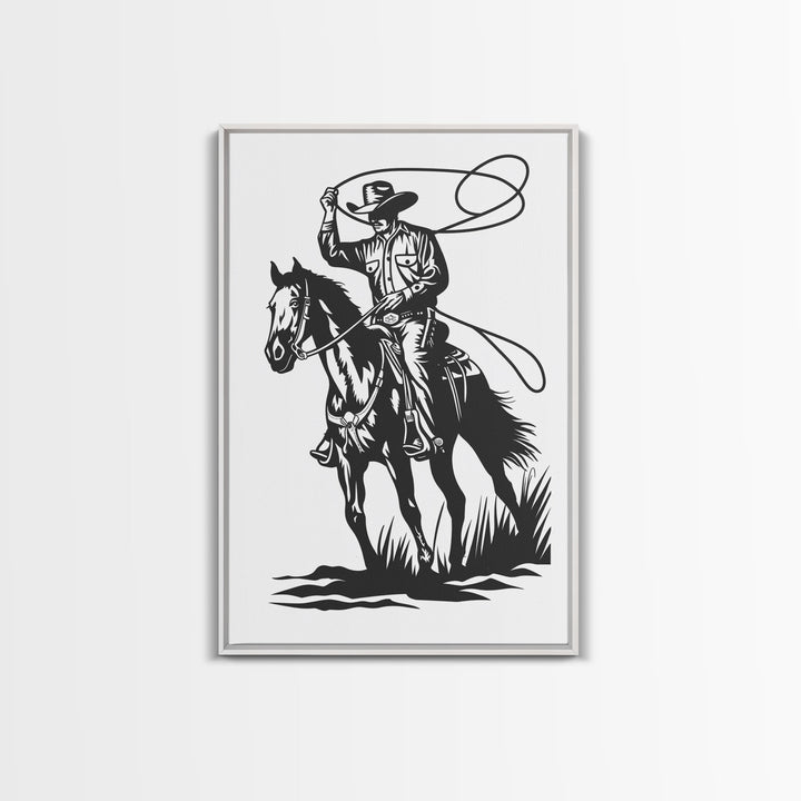 Cowboy Roping Horse Art Print, Western Silhouette Framed Canvas, Vintage Rodeo Cowboy Artwork, Rustic Western Home Decor