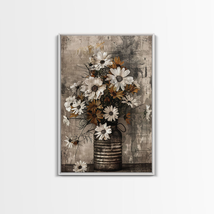 Rustic metal vase with daisies against a distressed background Framed Canvas Print - floral art, farmhouse decor, rustic wall art