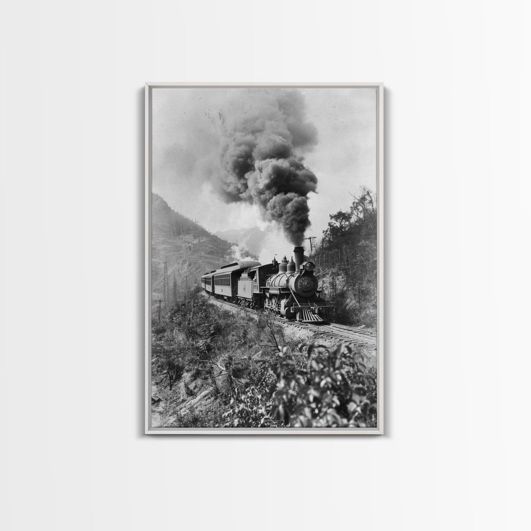 Vintage Train in Motion Black and White Photography - Framed Canvas Print, Railroad Art, Rustic Train Wall Art for Home Decor