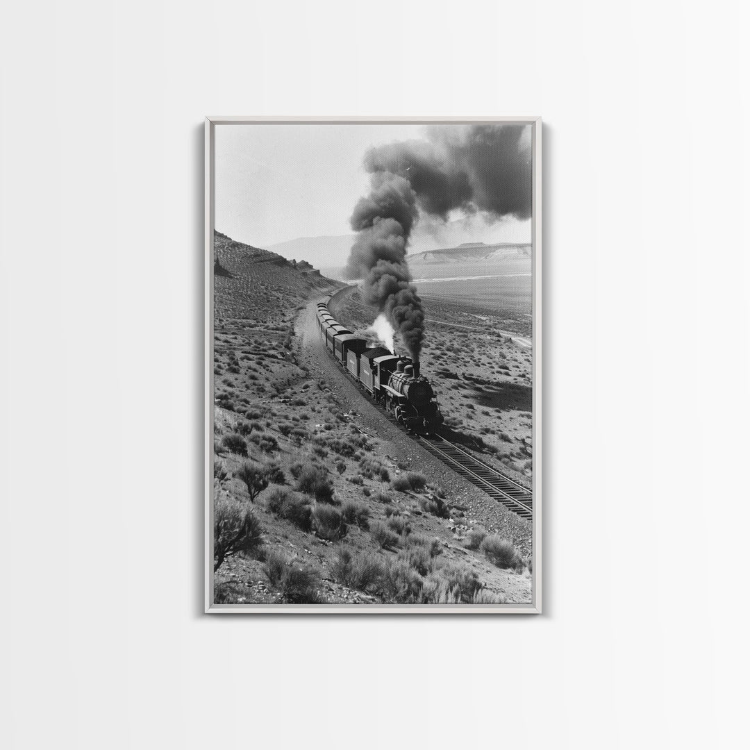 Train Journey Through the Desert Black and White Photography - Framed Canvas Print, Railroad Art, Rustic Train Wall Art Decor