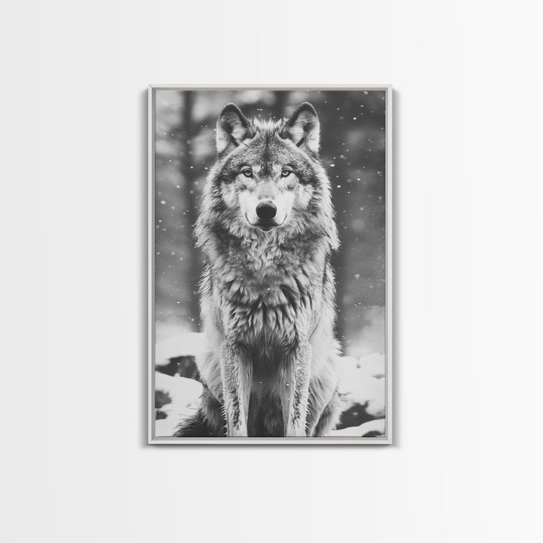 Wolf in Snowy Forest Black and White Photography - Framed Canvas Print, Wildlife Photography, Winter Wolf Art for Home Decor