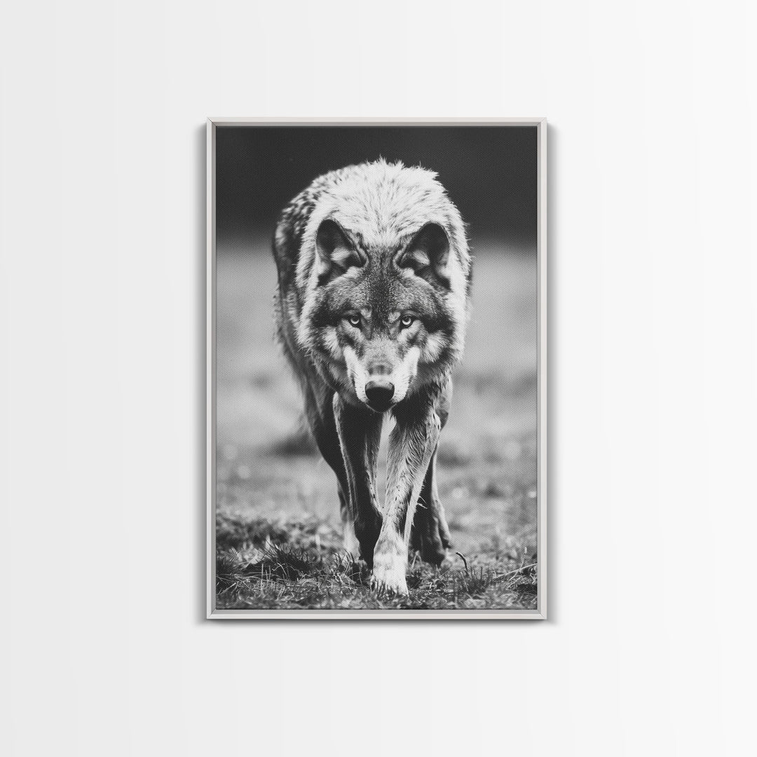 Majestic Wolf Black and White Art Print - Framed Canvas Wall Decor, Wildlife Art for Living Room, Rustic Animal Wall Art for Home