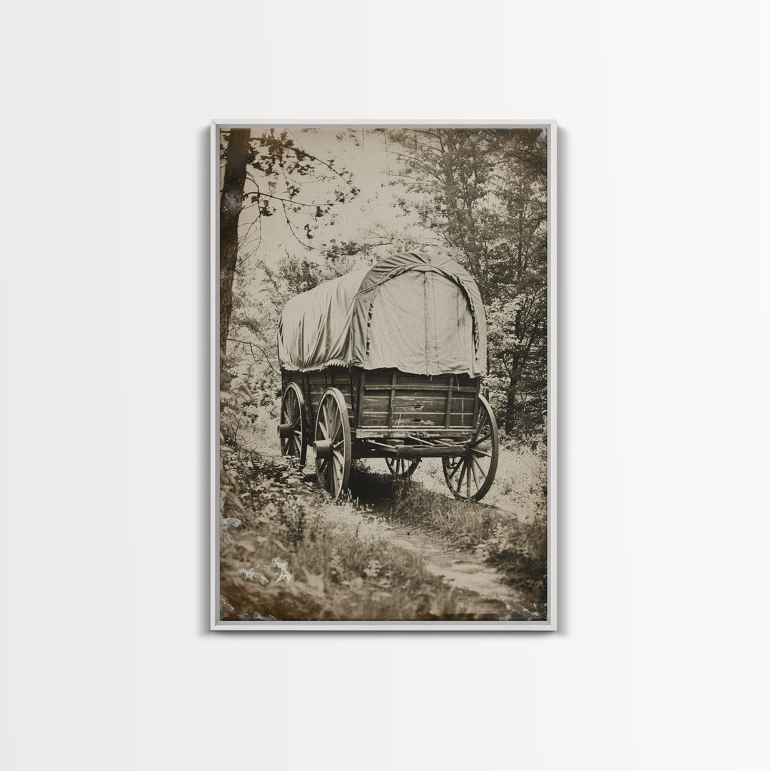 Pioneer Wagon in the Woods - Antique Canvas Print, Rustic Western Wall Art, Vintage Wagon Decor, Historical Art for Living Room